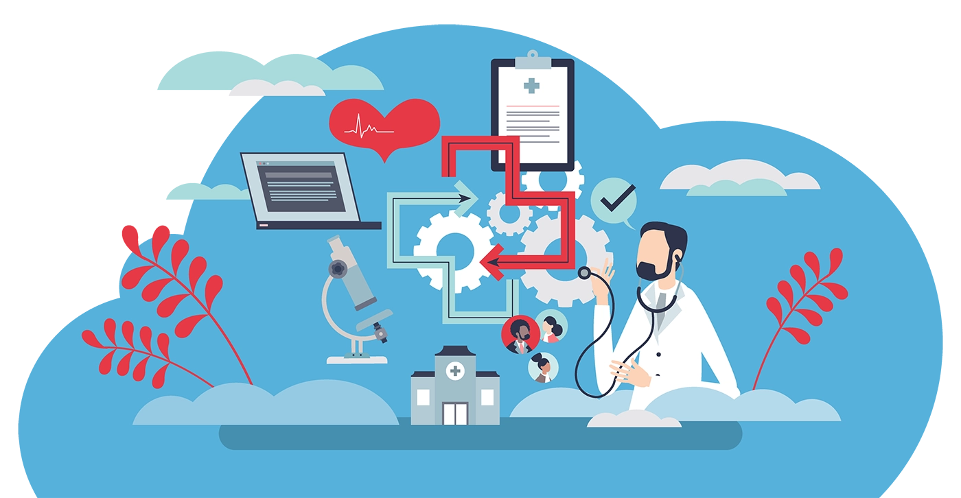 graphic of a doctor with gears and a hospital