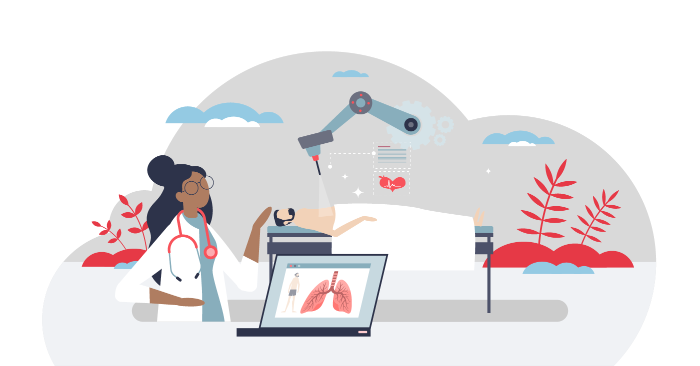 Clinician reviewing lung imaging while a robotic arm assists a patient—illustration of advanced VTE (PE/DVT) treatment.