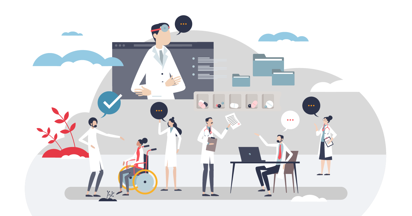 Illustration of a hospital team coordinating pulmonary embolism care protocols