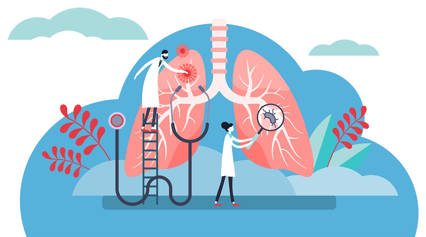 graphic of a doctors checking out a set of giant lungs