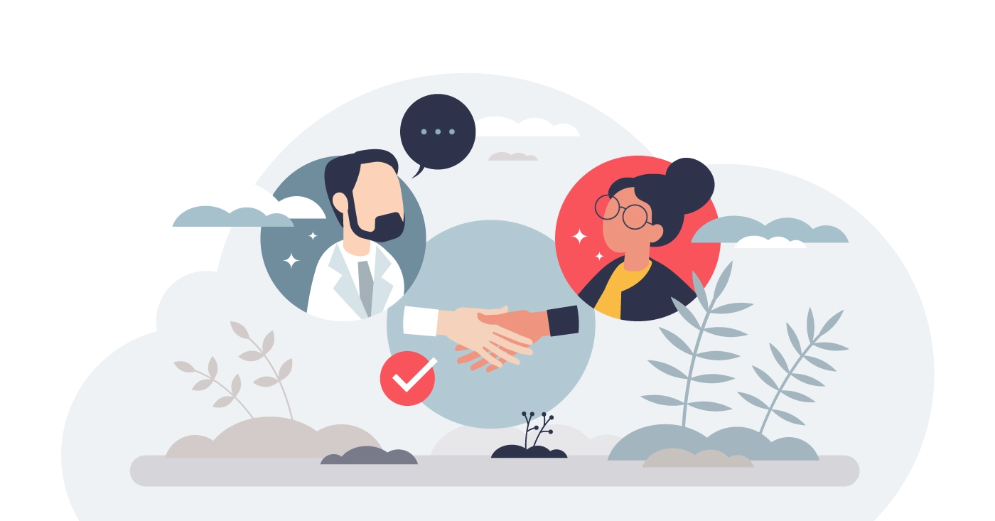 graphic of a doctor virtually shaking hands with a patient